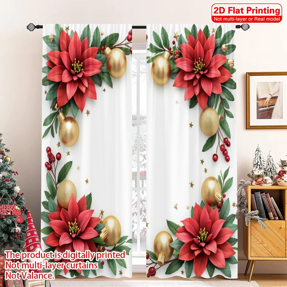 

2pcs 2D flat printing Christmas Window Curtains Christmas Poinsettia Holly Ornaments 100% Polyester Without Electricity Holiday