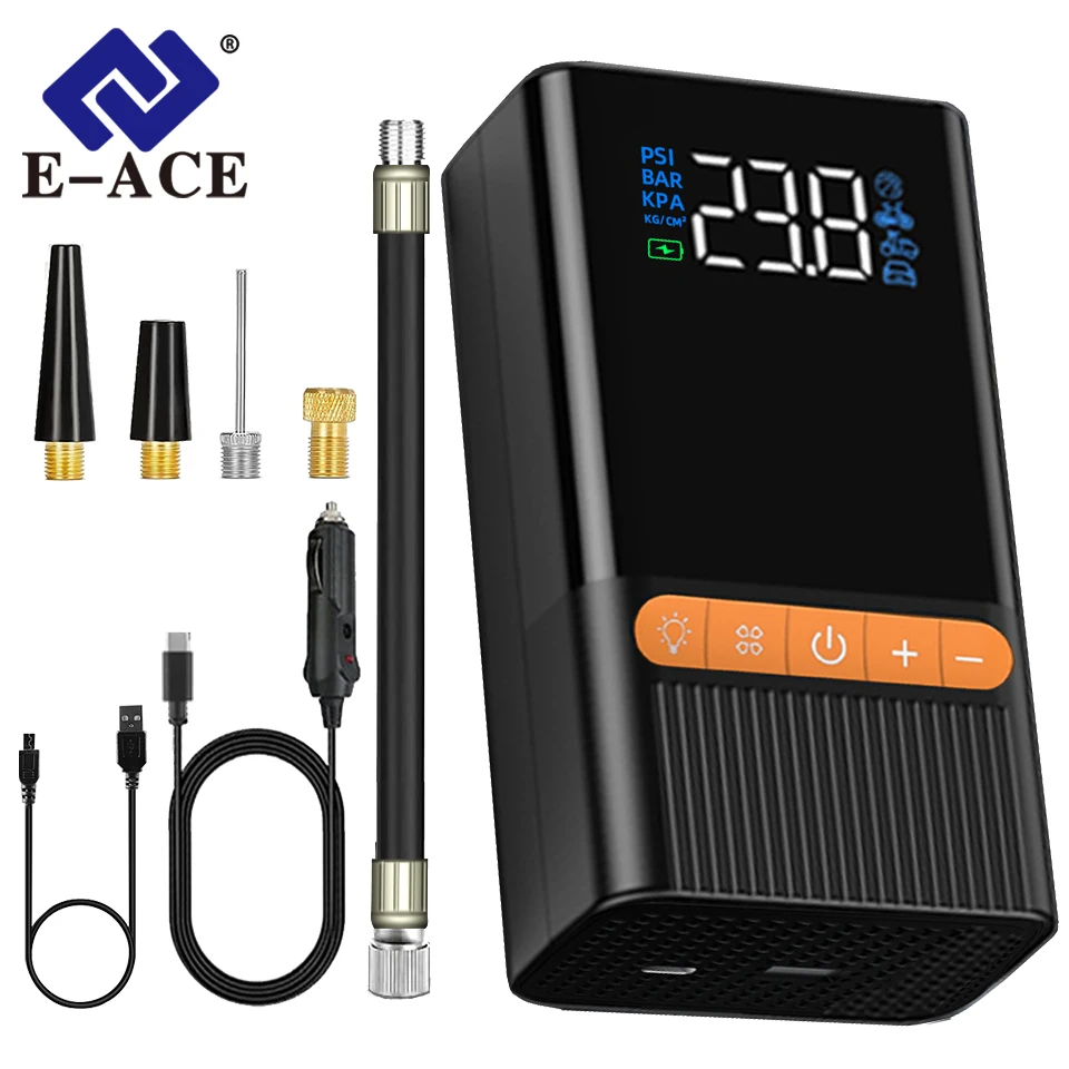 E-ACE Air Pump Inflator Portable Electric Wireless Mini Air Compressor Digital For Bicycle Boat Motorcycle AUTO Tyre Balls