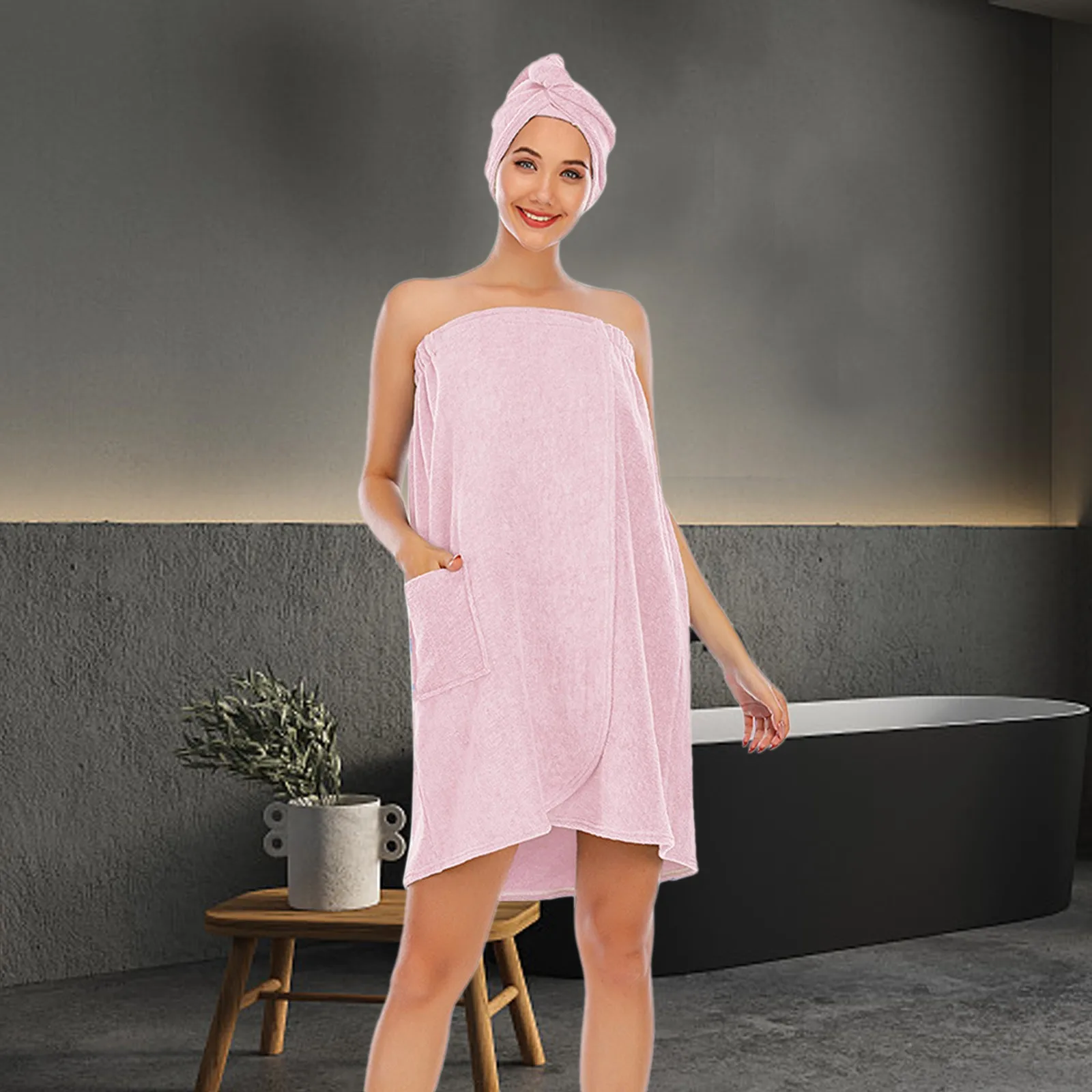 Simple Spaghetti Strap Wearable Bathing Skirt With Pockets Women Quick Drying Absorbent Bathrobe For Women Backless Sleepwear