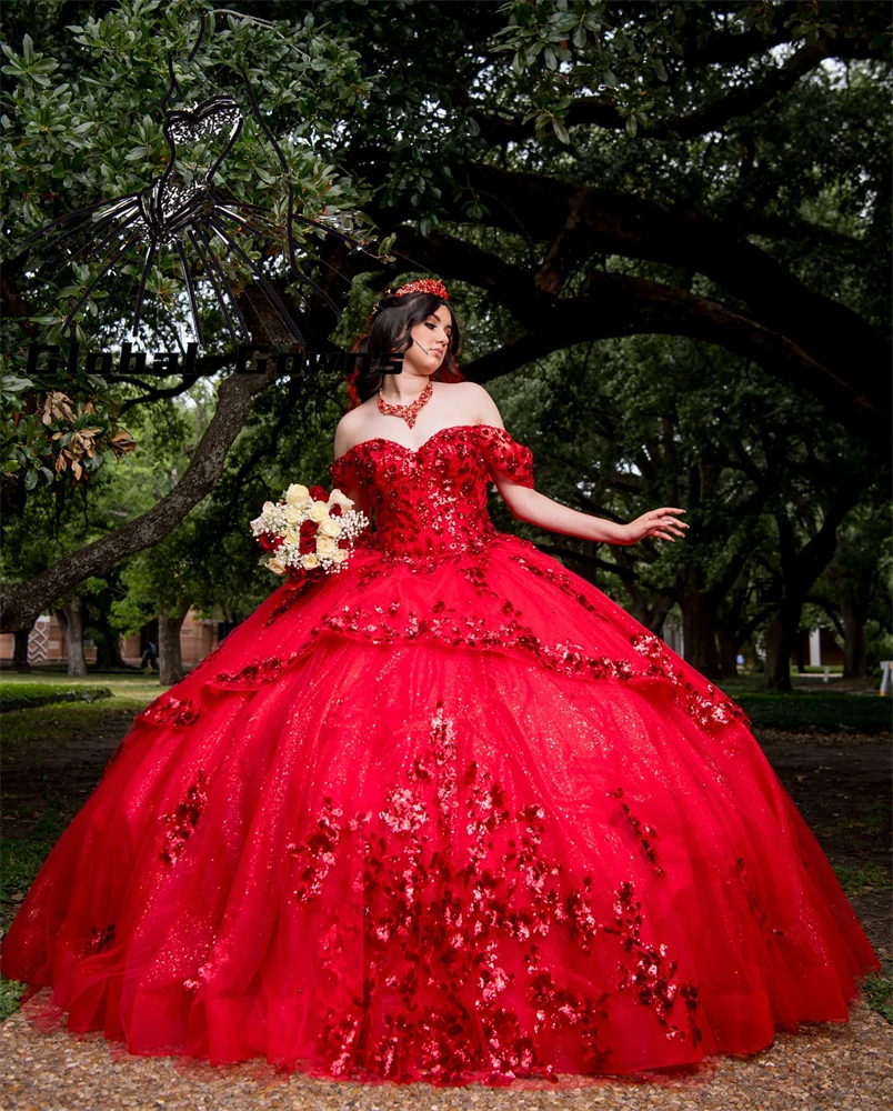 Quinceanera-Kleider mit roter Schleife, Ballkleid, Perlenapplikationen, 2024, Geburtstag, Luxuskleid, Pailletten, schulterfrei, Prinzessinnenkleid, individuell gestaltet