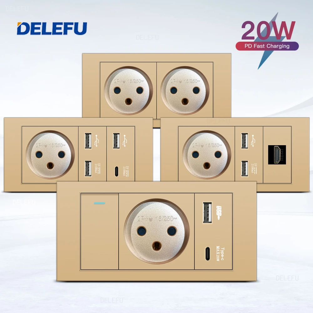 DELEFU Flame Retardant SC31 Panel 145mm Gold Israeli Standard USB Type C Fast Charging Wall Socket Switch TV Tel CAT5 CAT6