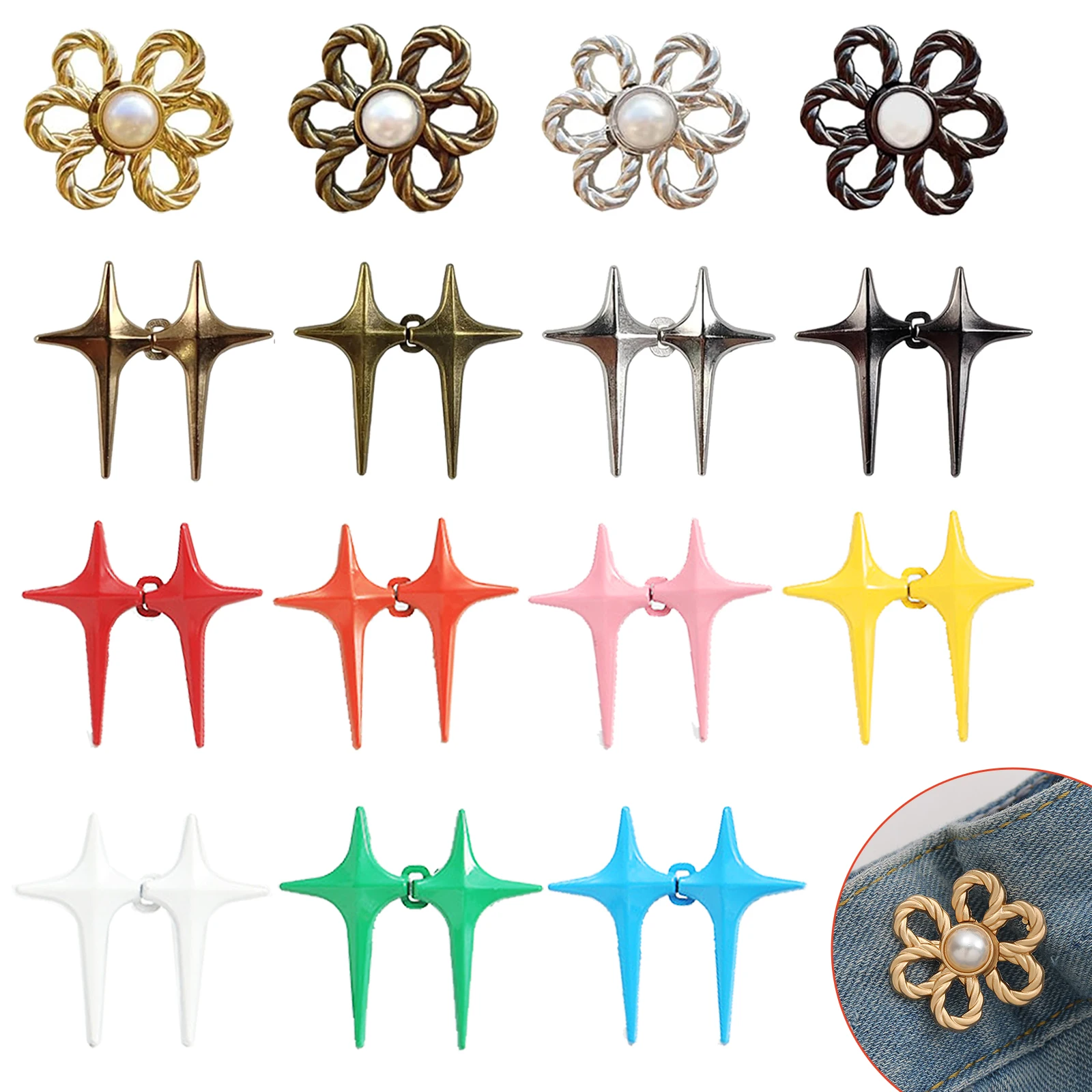 

4sets Pant Waist Tightener Buckles,No-Sew Adjustable Star Waistband Tightener Button Pins
