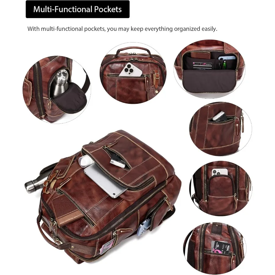 حقيبة ظهر LANNSYNE من الجلد المحبب بالكامل للرجال تناسب قهوة الكمبيوتر المحمول مقاس 16 بوصة #3