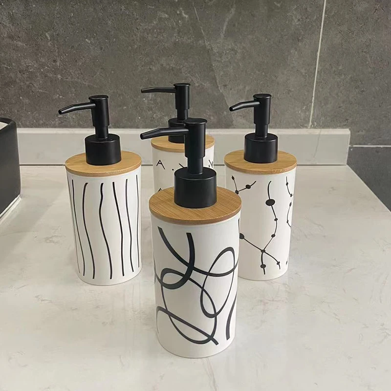 Plastic Liquid Soap Dispensers with Bamboo Cover, Hand Wash Bottle, Shower Gel Shampoo Bottles, Bathroom Accessories, 320ml