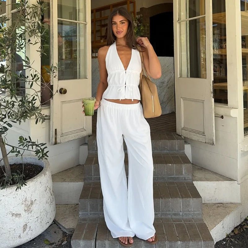 

Neck Vest Trousers 2piece Set Lace-up Vest Trousers Cotton Set