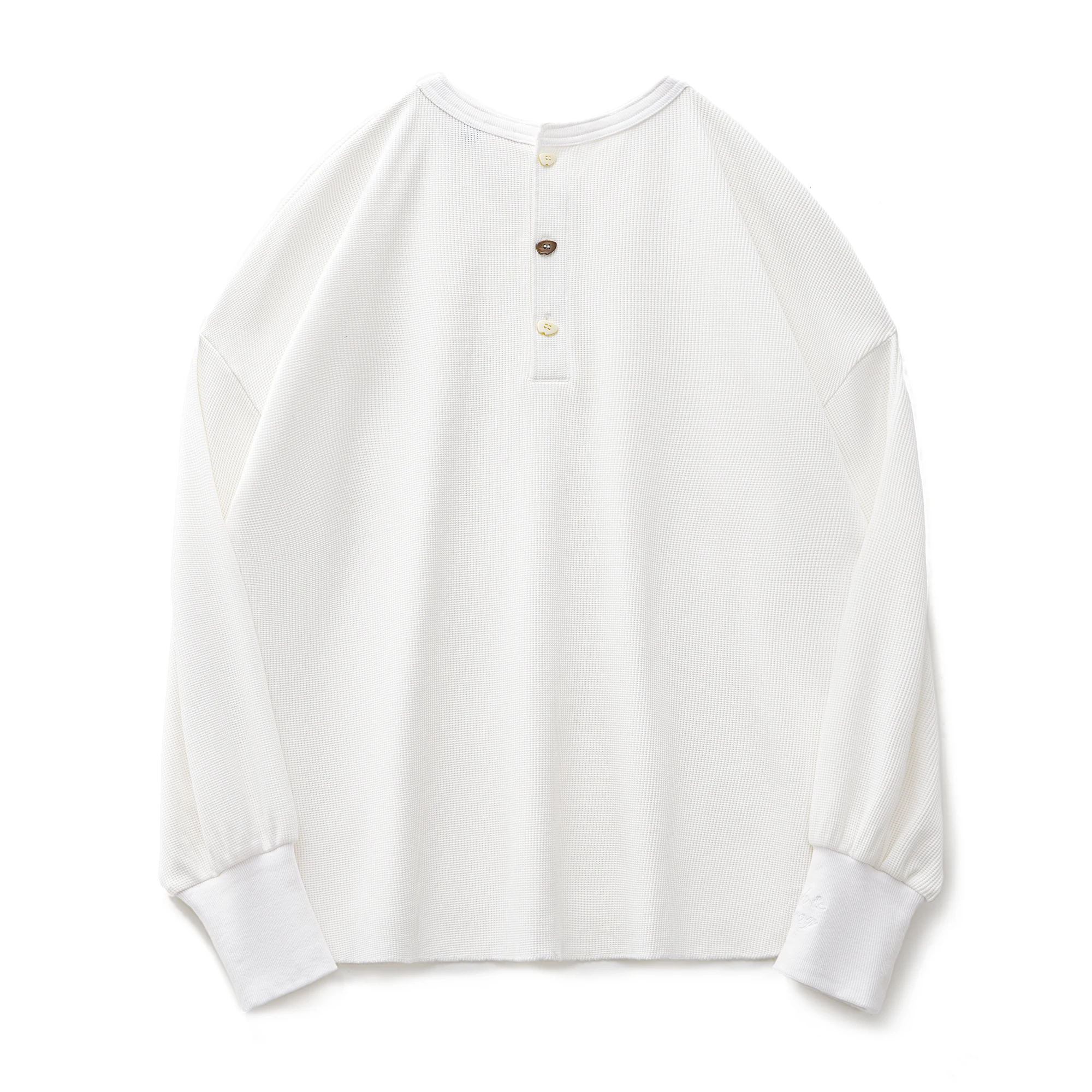 マデンホワイトワッフルニット生地トレーナー女性秋ルーズフィットラウンドネック長袖ヘンリー Tシャツトップ