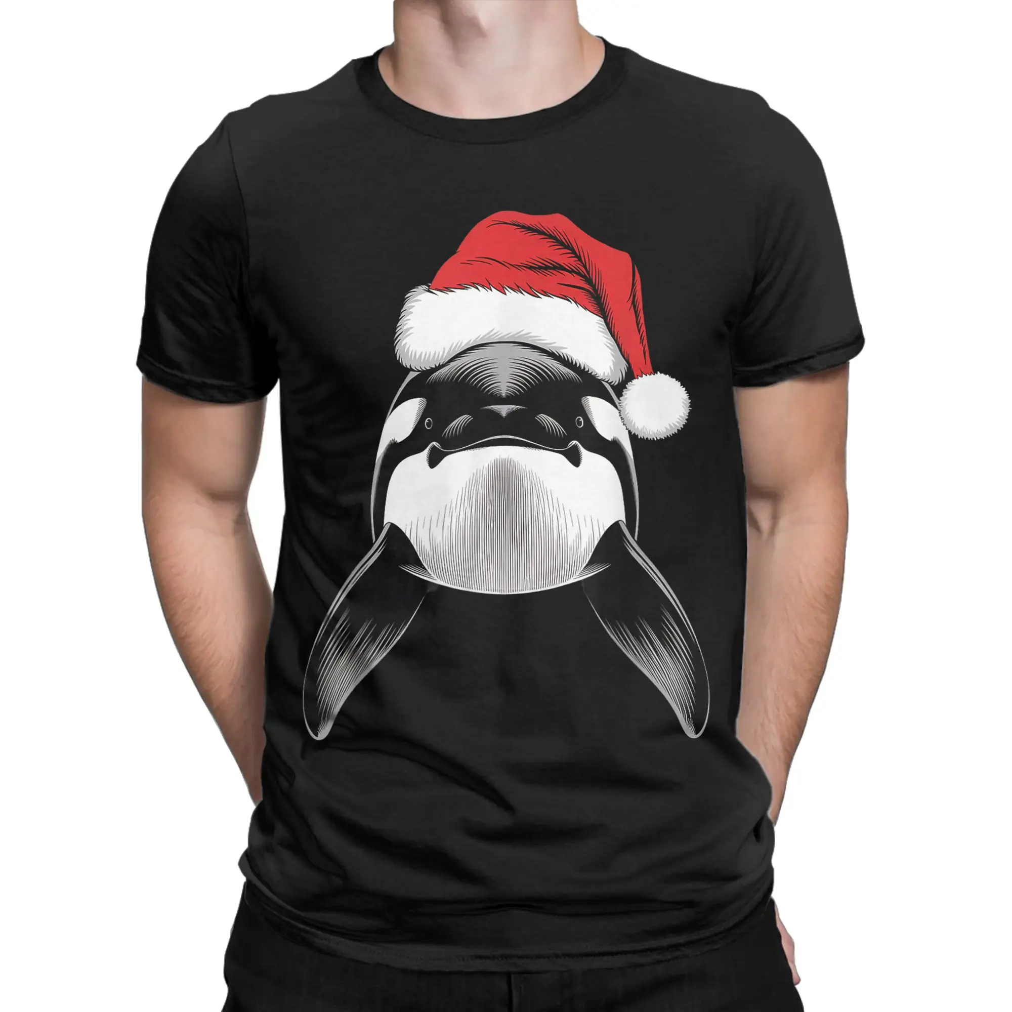 Joyful Orca Santa on Orca Christmas Men's T Shirts  Funny Tees Short Sleeve Crew Neck T-Shirts Cotton Summer Clothing