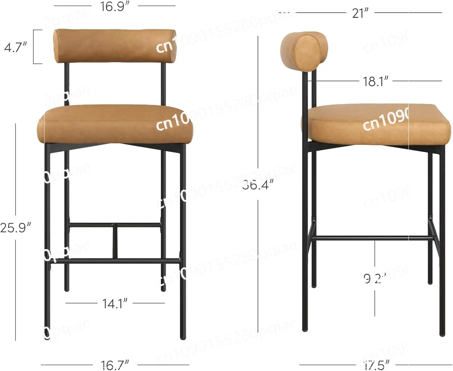 Dahlia Counter Height Chair, Modern Barstool with Back, Mid-Century Metal Legs and Leather Padded Cushion for Kitchen