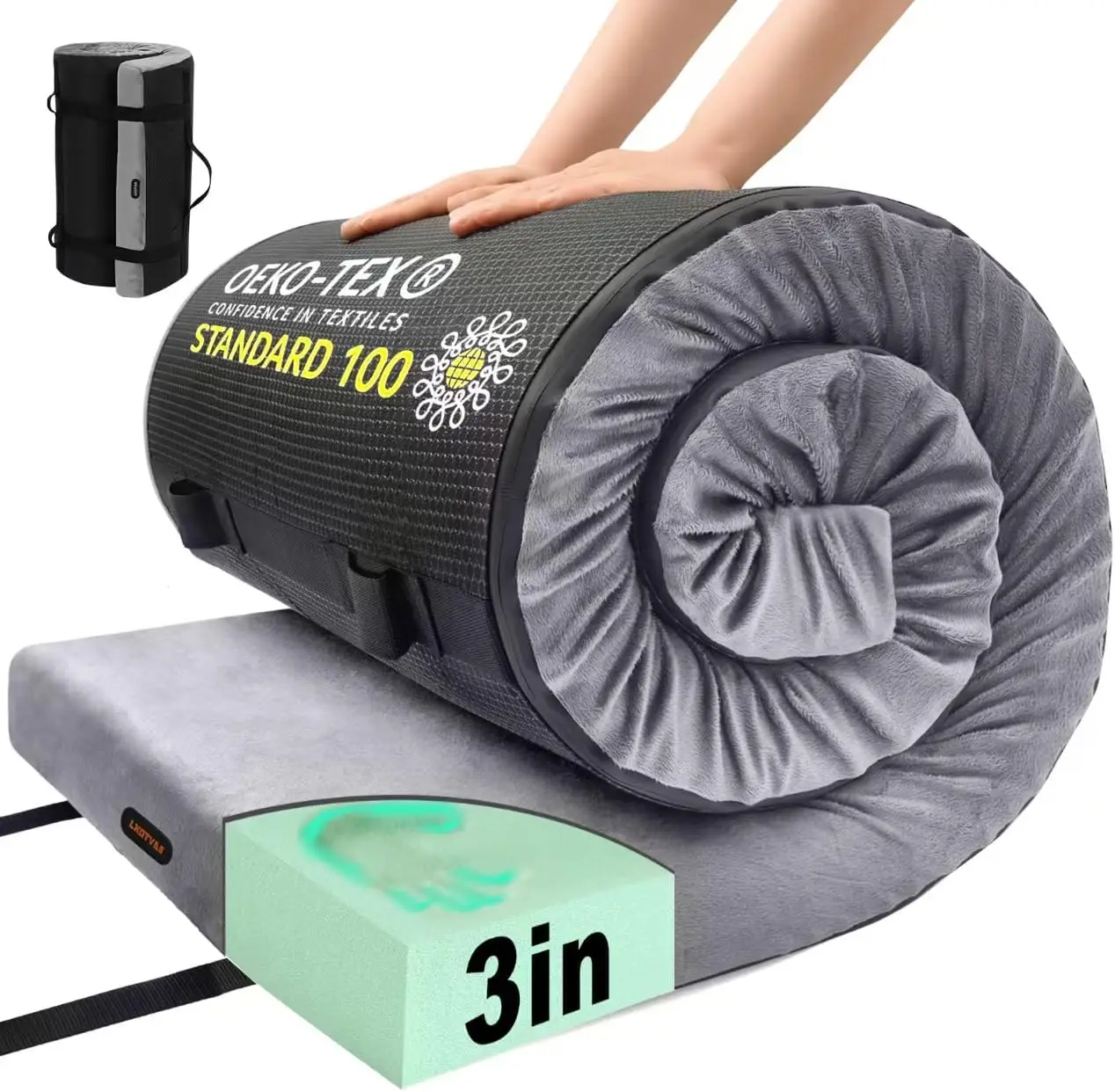 

3-Inch Memory Foam Camping Mattress Pad, Portable Roll-Up Sleeping Mat for Adults, Thick Sleepover Cot