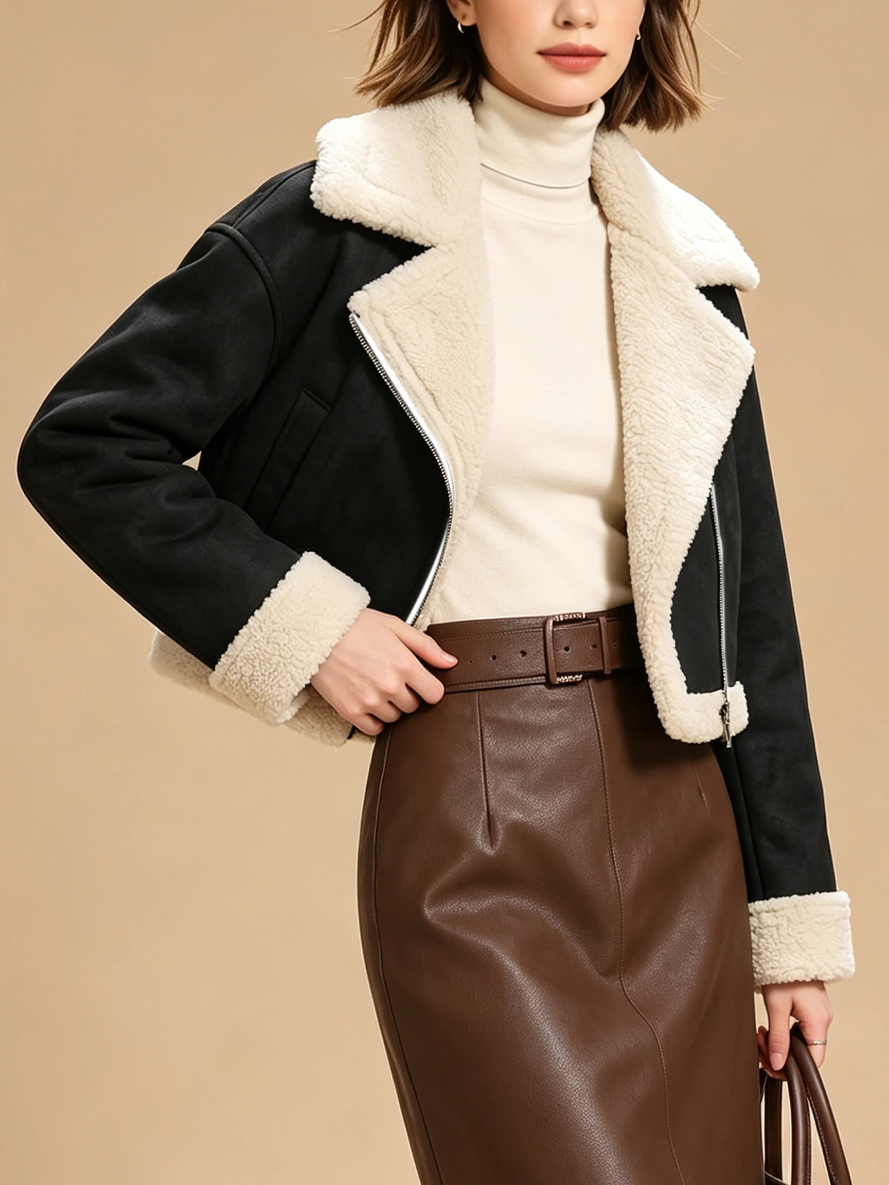 Damen Einfarbiger Mantel mit Kragen und Asymmetrischem Design, Reißverschluss, Kurze Länge, Herbst-Winter-Musikfestival-Jacke Neu 2026 – Detail 4
