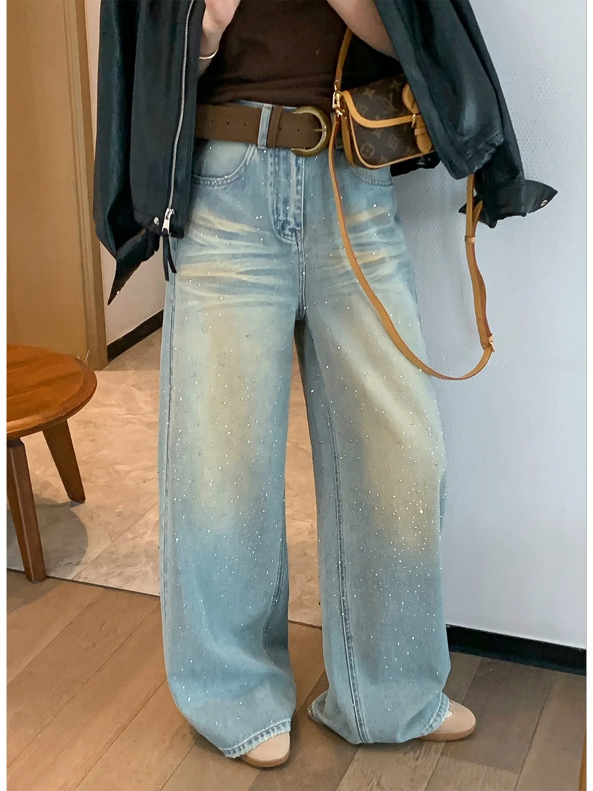 

iny Diamond Embellied Loose Wide Leg Jeans High Waist Women's Spring 2026 New Sle Love Devil Fi Denim Pants