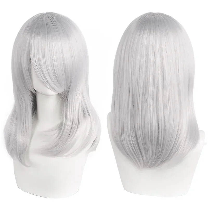 Neue 45cm Mittellange Anime Cosplay Perücke mit Pony in Blond, Schwarz, Weiß, Rot, Pink, Grün, Braun, Gold, Blau, Hitzebeständige Synthetische Haarperücken – Detail 9