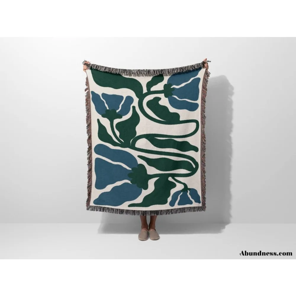 

Throw Blanket with Fringe in Forest Green and Blue Colors, Matisse Style Aesthetic Blanket, Unique Home Decor Gift