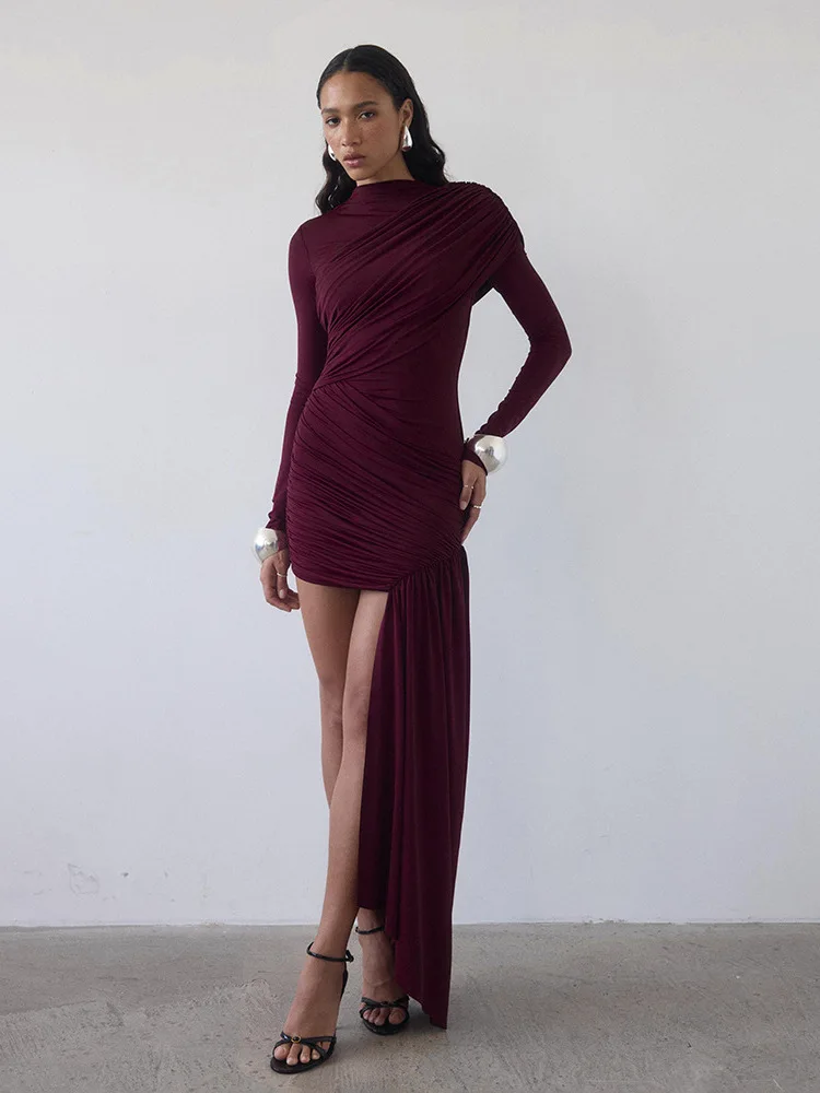 ชุดเดรสผ้าพลีททรงเอ แขนยาว คอทรงกลม สีพื้น สไตล์ยุโรปและอเมริกา สำหรับผู้หญิง พร้อมริบบิ้นตกแต่งแบบไม่สมมาตร