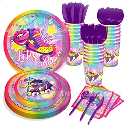 8pcs Rainbow Skating Shoes Disposable Tableware Let’s Roll Paper Plates Napkin Cup Happy Skating Birthday Party Supplies