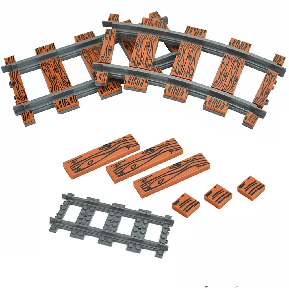 MOC 1X1 1X4 Wood Texture Trains Track Rail Decorate Straight Curved With Smooth Bricks Assembled Rails Building Block Model Toy