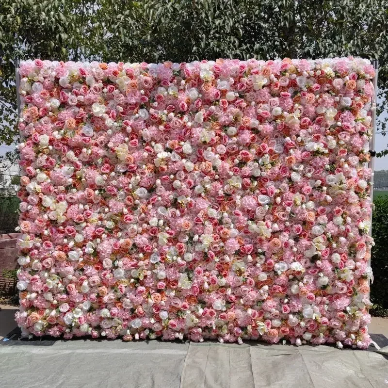 Custom High Quality 5D Pink Fabric Artificial Flower Wall Rolling Up Curtain Flower Wall Backdrop For Wedding Event Decoration