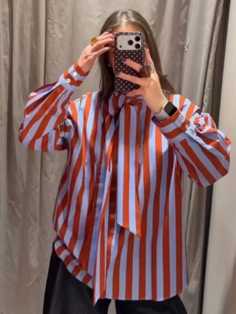 

HH Women Elegant Single Breasted Bow Decoration Long Sleeve Striped Shirt Female Spring Casual Loose Versatile Poplin Blouse