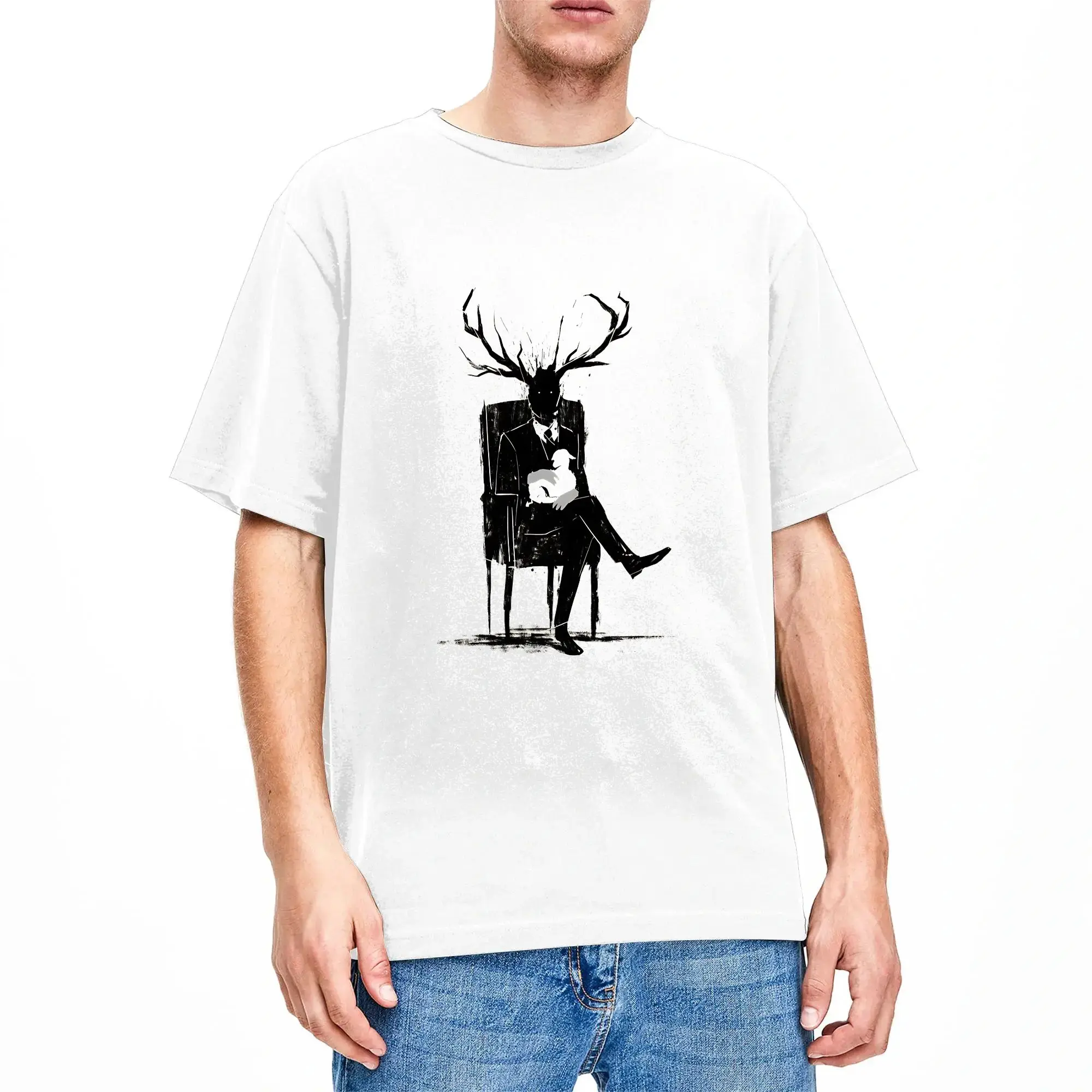Hannibal Lecter NBC Stag Antlers Lamb T-Shirt Summer  Cotton T Shirts For Male Loose Tshirt Short Sleeve Streetwear Clothing