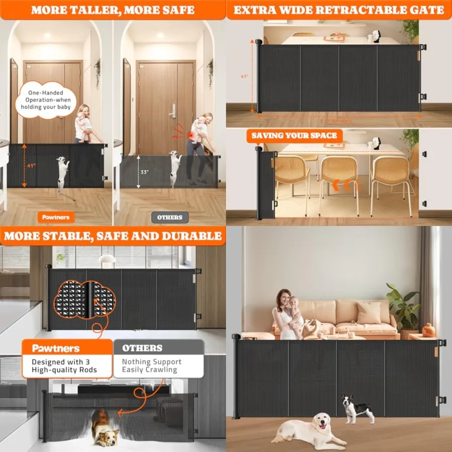 

Retractable Baby Gates Extra Wide, Etends up to, Dog Gate Indoor for Stairs, Pet Gate with Support Rods for Doorways Hallways I