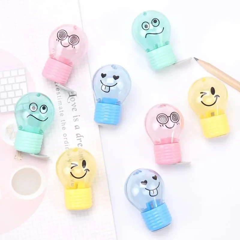 4 Stück Kawaii Neuheit Bleistiftspitzer im Glühbirnen-Stil, Kreativer Emotions-Bleistiftspitzer aus Kunststoff für Kinder, Geschenke, Schulbedarf