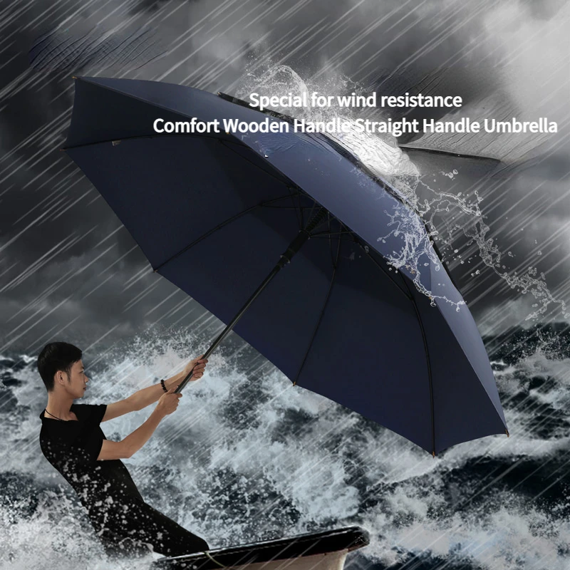 Double Layer Long Pole Straight Handle Umbrella Oversized Double Umbrella Anti-storm Rain Gear Semi-automatic Umbrella for Men