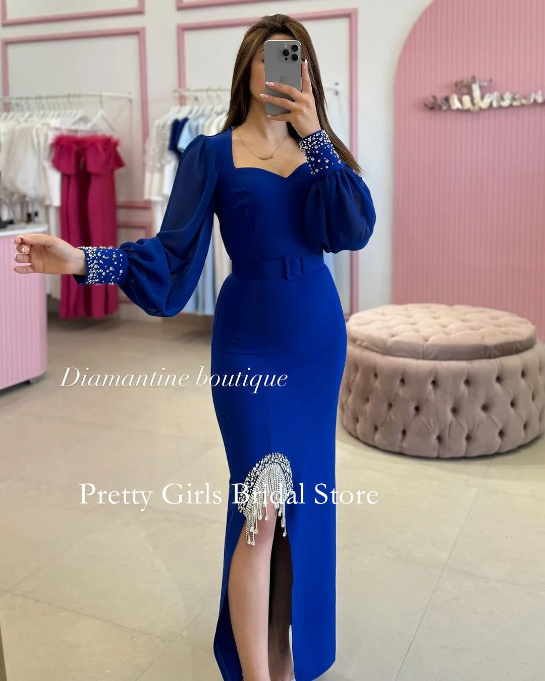 OEING Arabic Style Vintage Sweetheart Satin Evening Dresses Puff Sleeves Royal Blue Beading Formal Prom Growns Party Women Bride