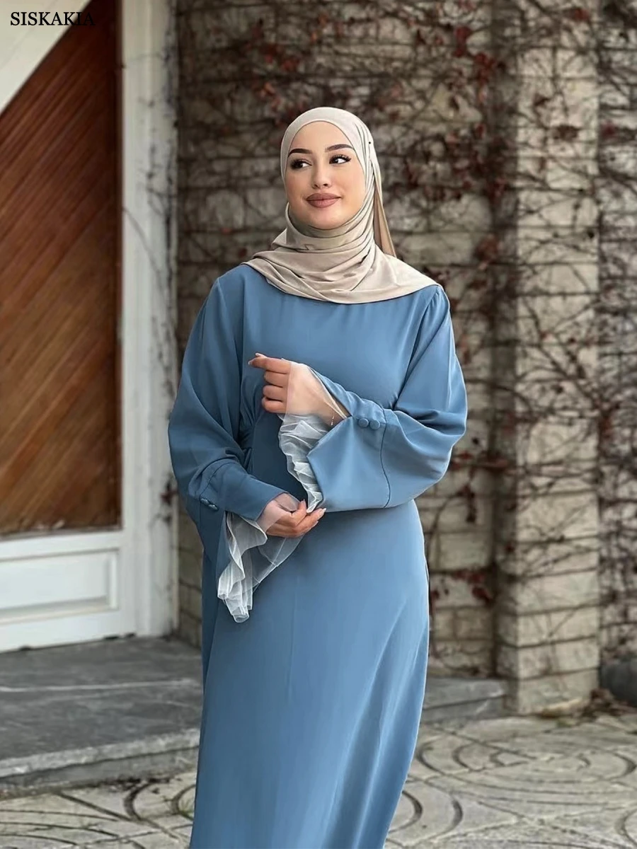 

Siskakia New Dubai Solid Belted Kaftan Muslim Patchwork Lace Sleeve Abayas Dresses For Women Gala