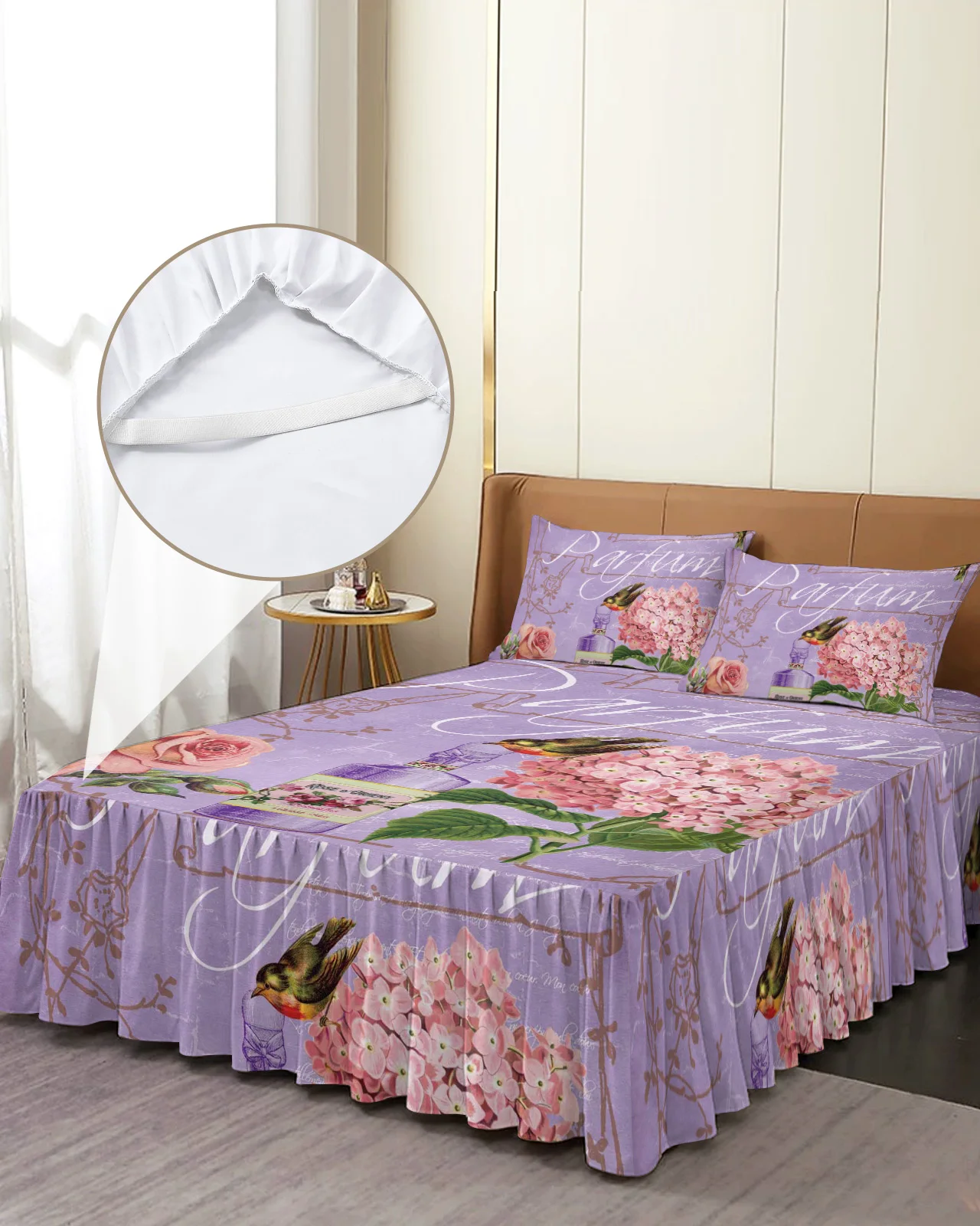 

Vintage Rose Flower Bird Purple Bed Skirt Elastic Fitted Bedspread With Pillowcases Mattress Cover Bedding Set Bed Sheet