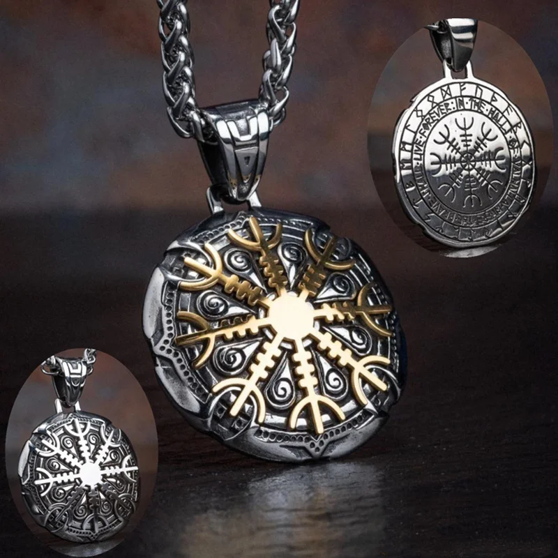 

Nordic Men's Viking Awe Silver and Gold Rune Pendant Necklace Nordic Zinc Alloy Amulet Necklace Jewelry