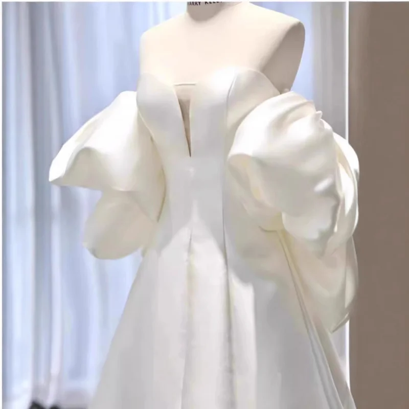

White French Style High-End Dress Off-Shoulder Puff Sleeve Light Main Wedding Dress New Bride Exit Veil Reception