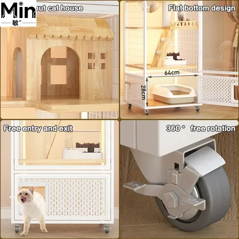 Multilayer Steel Wood Cat House Enclosed No Light Multi Level Cat Shelter Pet Bed for Large Small Cats Home Use