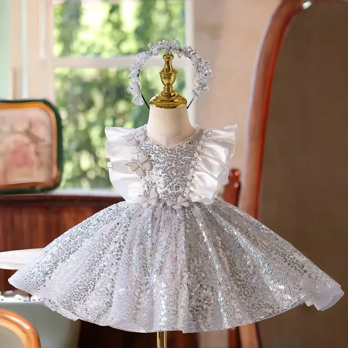 

Jill Wish J596 Shiny Silver Flower Girl Dress Sequined Knee Length Princess Kids Wedding Birthday Party Pageant Formal Gown