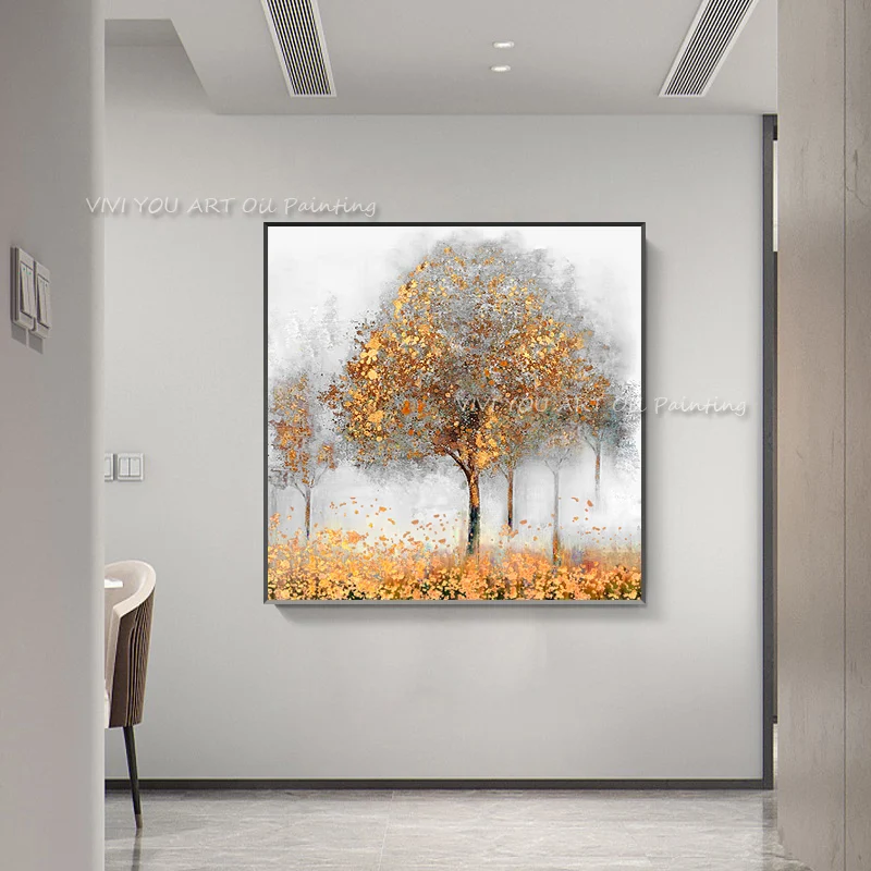 Golden Tree Oil Painting Hand Painted Canvas Modern Abstract Forest Wall Art For Living Room Bedroom Decor Large Size Artwork