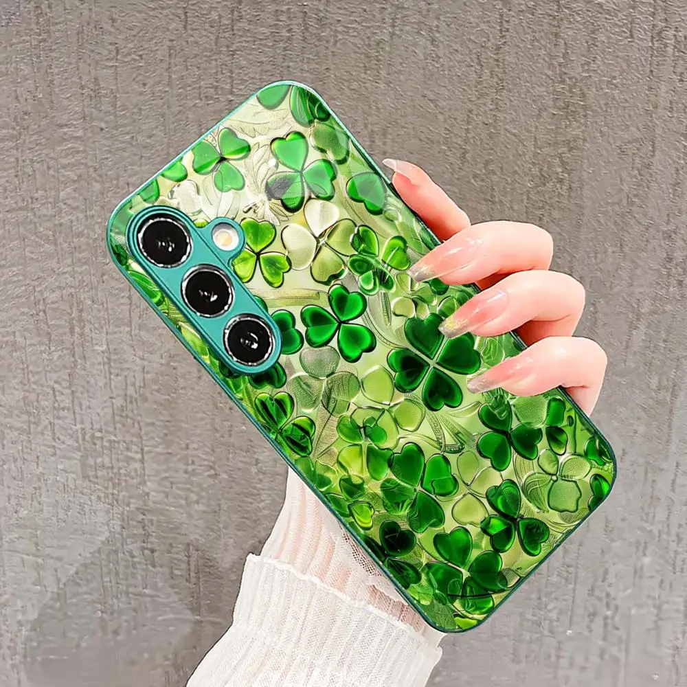 Crystal-like quality Four Leaf Clover PhoneCase Glass PhoneCase for Samsung Galaxy S26 S25 S24 S23 S22 FE,Ultra,Plus Exquisite
