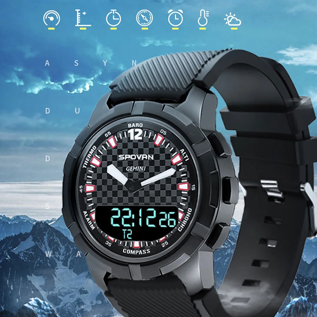 Spovan-reloj inteligente GEMINI con doble pantalla, deportivo, altímetro, barómetro, brújula, impermeable, pronóstico del tiempo, LED, negro