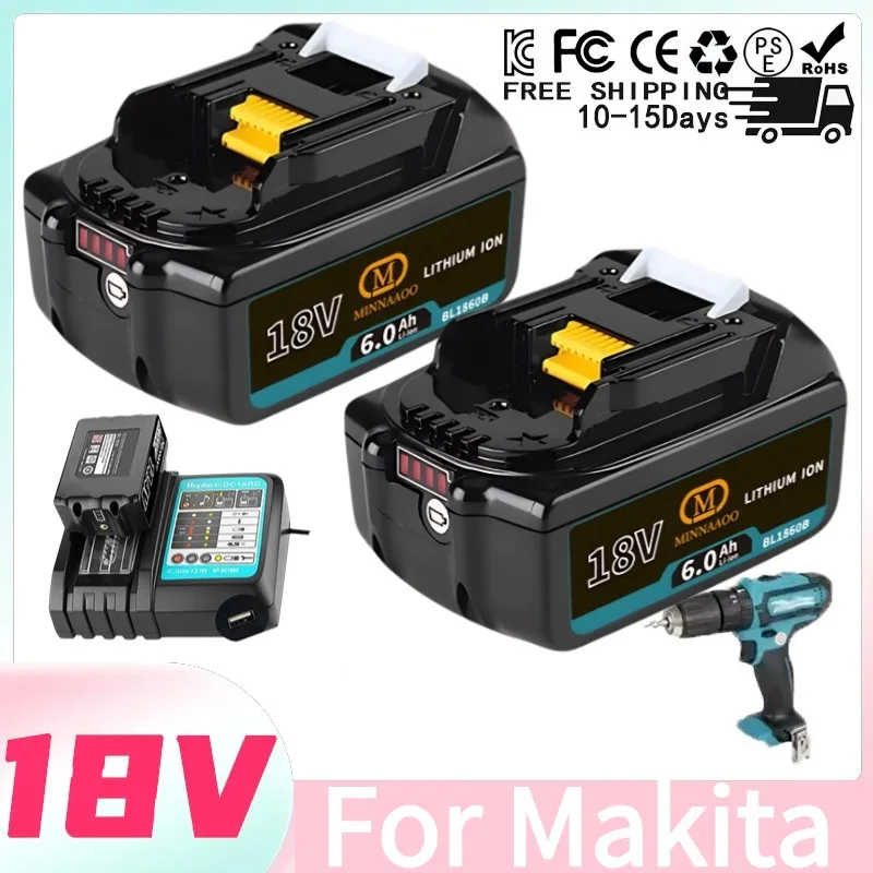 

100% Original For Makita 18V Battery 6.0Ah BL1860B BL1850 BL1830, Compatible with DHP487 DGA404 DDF487 Cordless Power Tools