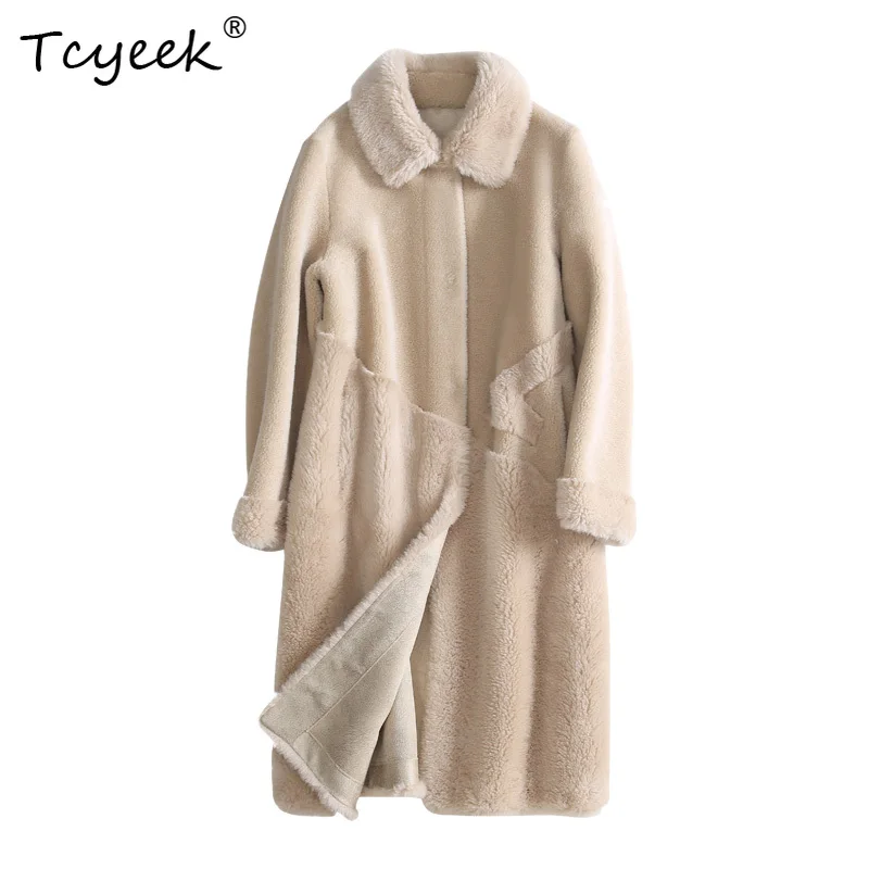 Tcyeek 100% ขนสัตว์ฤดูใบไม้ร่วงฤดูหนาวสไตล์เกาหลีแบบบูรณาการสแควร์Beigeความยาวปานกลางผู้หญิงเสื้อขนสัตว์Fourrures femme