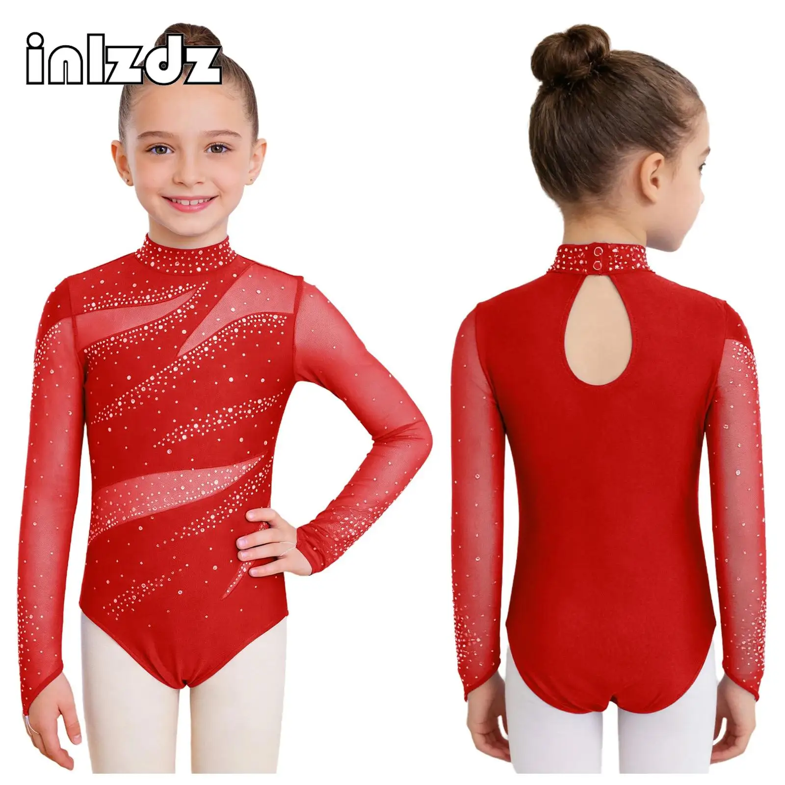 

Kids Girls Rhythmic Gymnastics Figure Skating Ballet Dance Costumes Long Sleeve Glittery Rhinestones Sheer Mesh Leotard Bodysuit