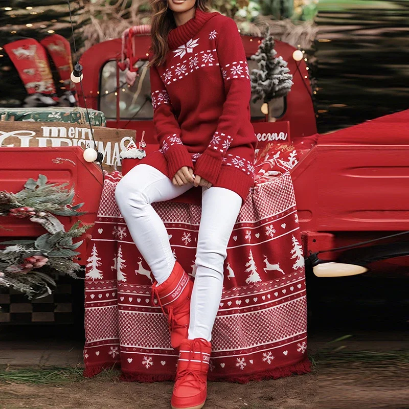 

Christmas Snow flake Printed Sweater Dress Women Elegant Loose Party Dresses For Women Autumn Winter Knitted Sweater Jumper