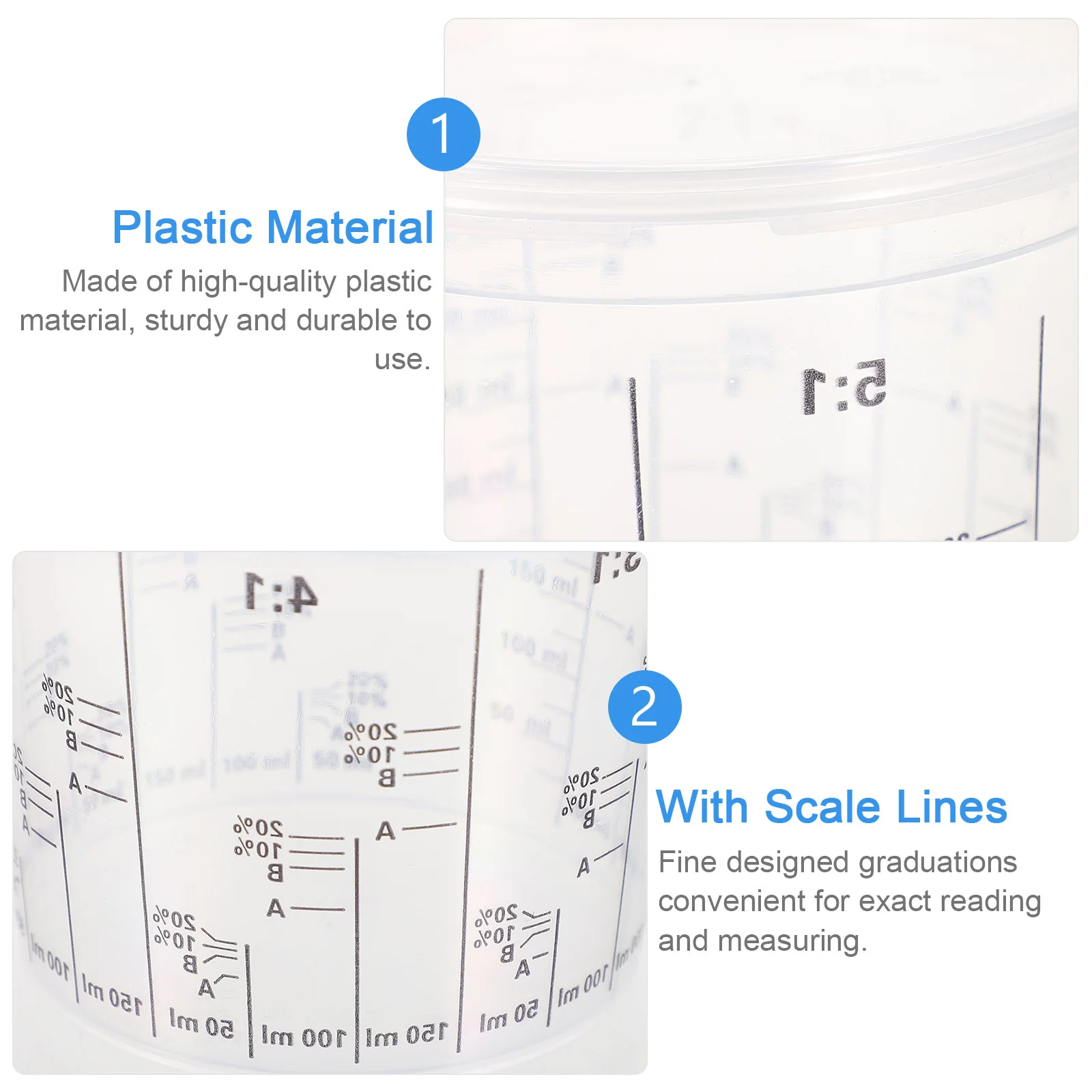 5 قطع من كوب الطلاء الشفاف البلاستيكي لقياس الطلاء الزيتي، سهل القراءة، مقاوم للأحماض والقلويات بدرجة حرارة عالية #4