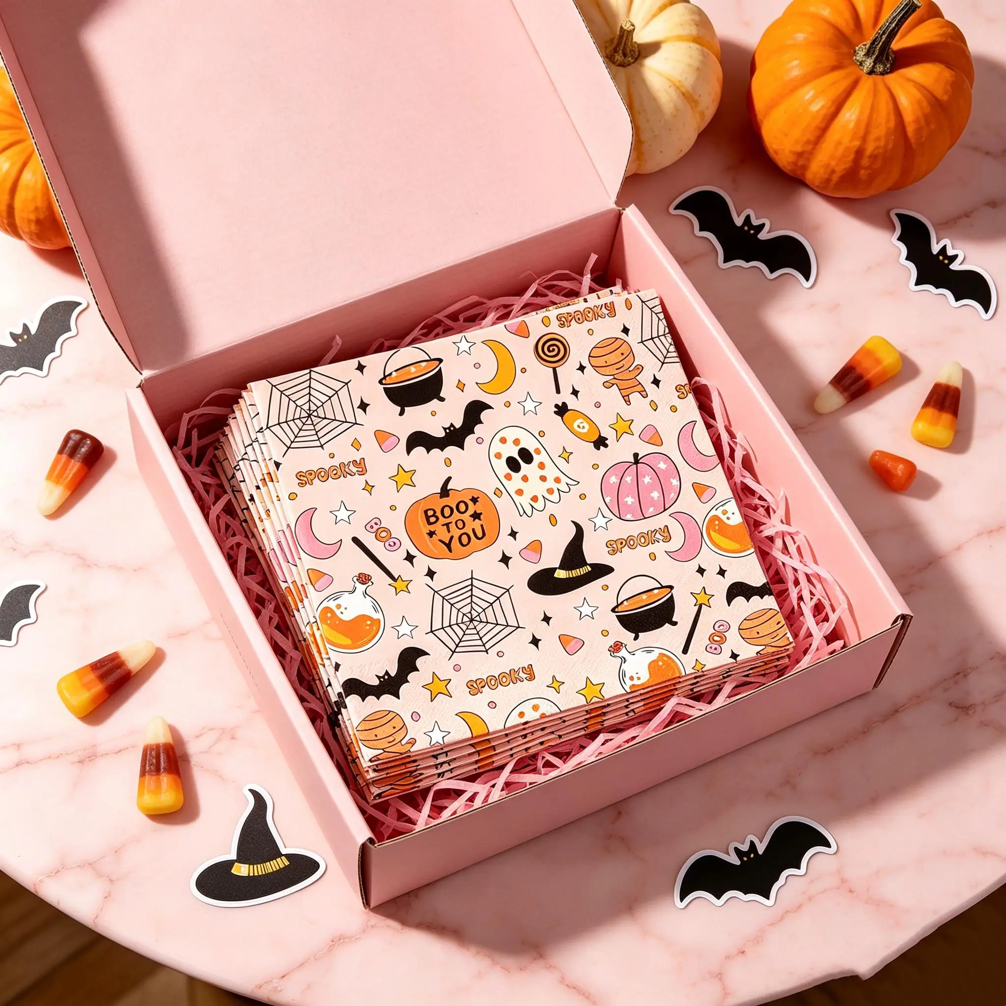 Pink Halloween Disposable Napkins Pumpkin Bat Witch Print, Boo To You Party Table Decor