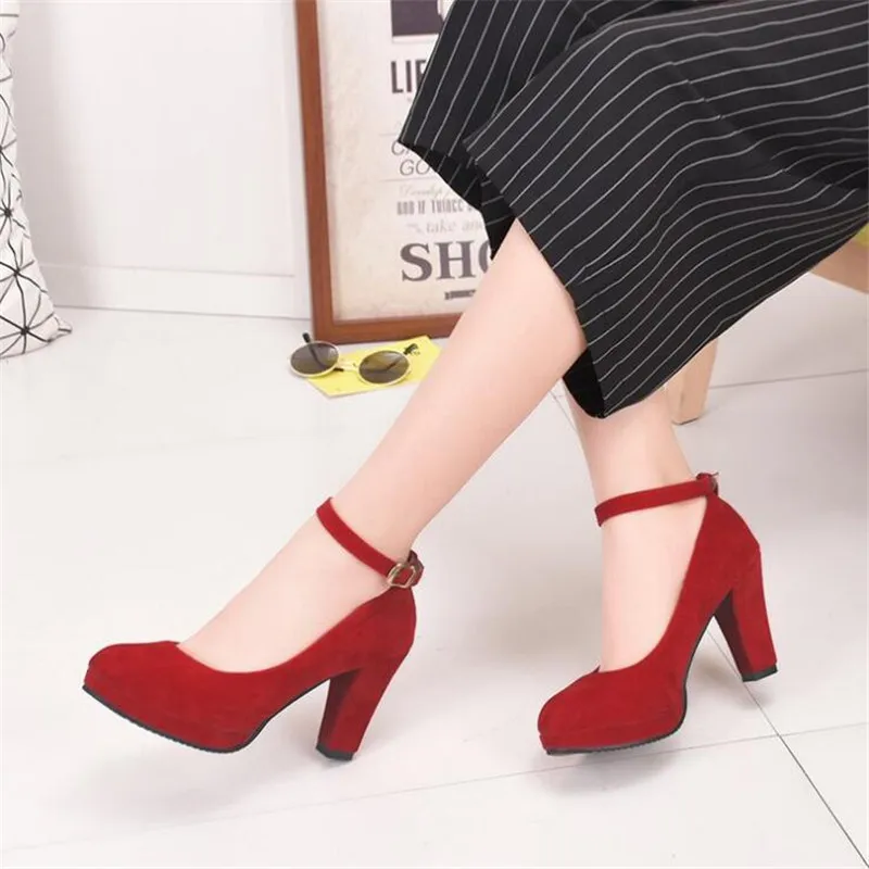 Spring Women Pumps Flock Sweet Thick High Heels Ankle Strap Female Platform Classic Round Toe Dress Cute Shoes Ladies Footwear