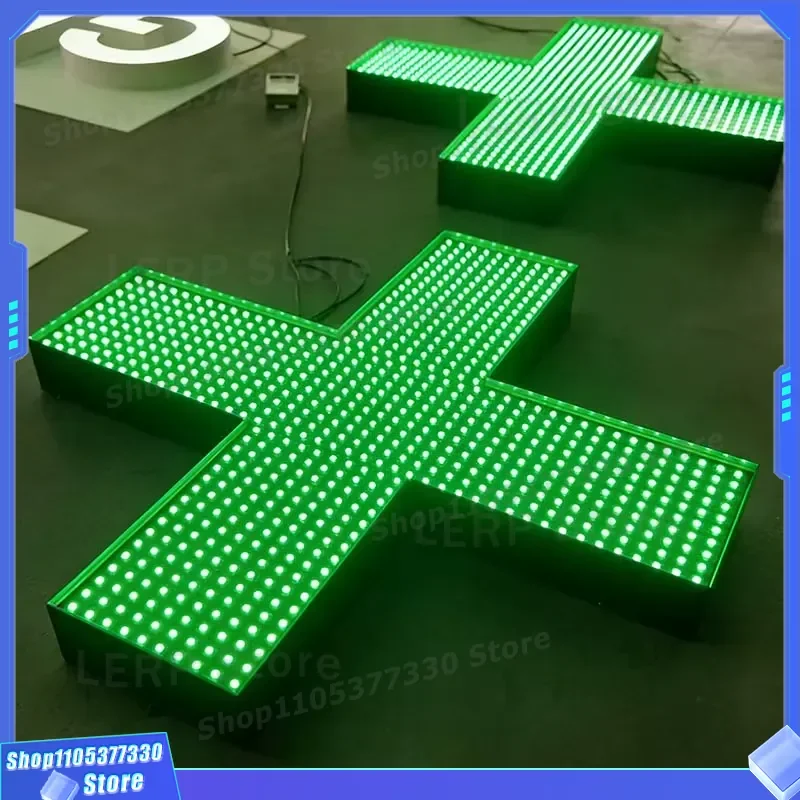 LED Pharmacy Cross Sign Weather Resistant Outdoor Hospital Drugstore Light Box Waterproof Green Red Double Sided Display
