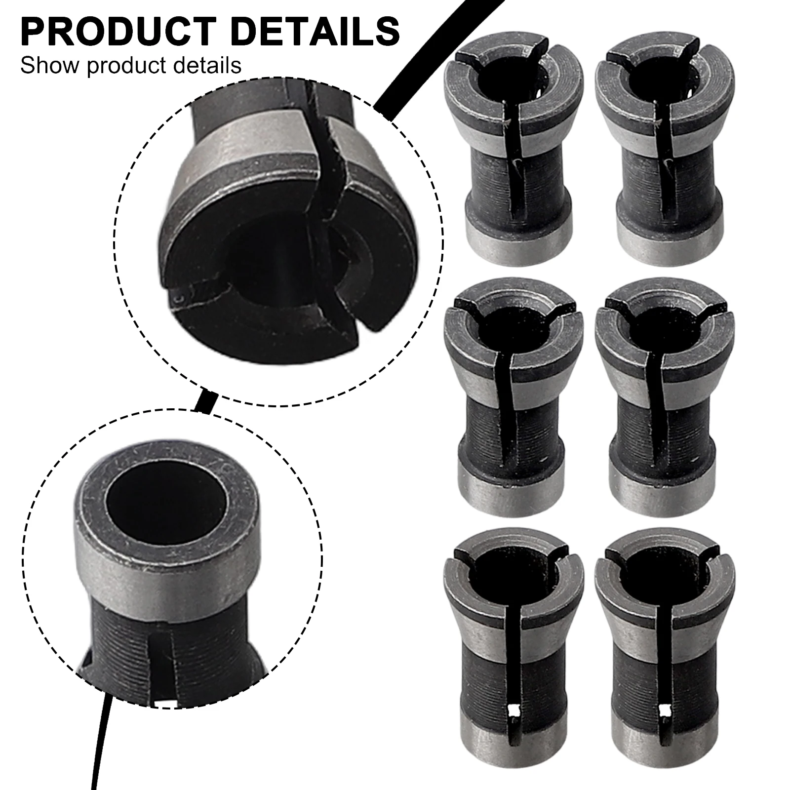 

Bit Collet Collet Adapter Black And Silver Carbon Steel Chuck 6/6.35/8mm Hole Diameter 6/8/6.35mm Wood Milling Cutter