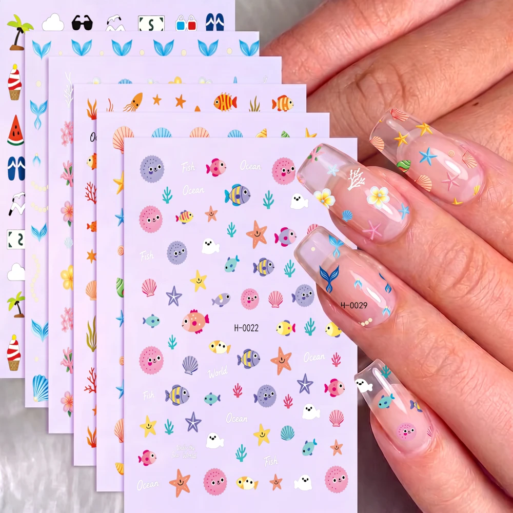 6pcs 3D Fish Starfish Shell Mermaid Tail Nail Decals Summer Ocean Nail Art Stickers Beach Vacation Manicure Nail Salon Supplies*