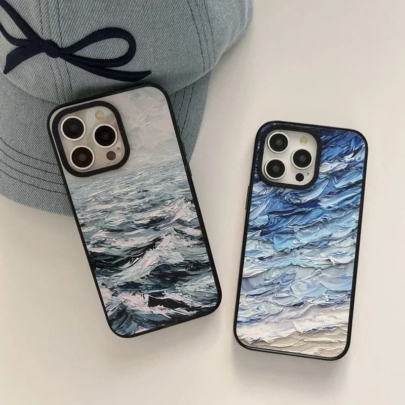 Ocean Oil Painting 2.0 Acrylic Black Border iPhone 11 12 13 15 14 16 Pro Max Protective Case, Fits iPhone 16 Pro Max