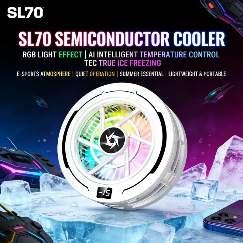 SL70 Universal Phone Game Cooler AI Smart Temperature Control Semiconductor Freeze Refrigeration Magnetic&Clip 2 in 1 Quiet Fan