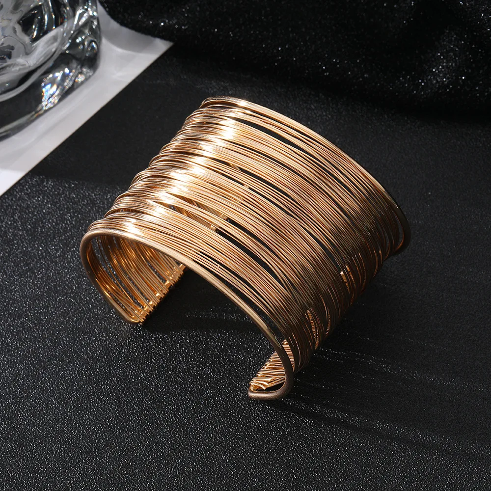 KMVEXO Fashion Punky Style Hollow Cuff Retro Braid Big Gold Color Bangles For Women Charm vintage Multilayer Wide Bracelet