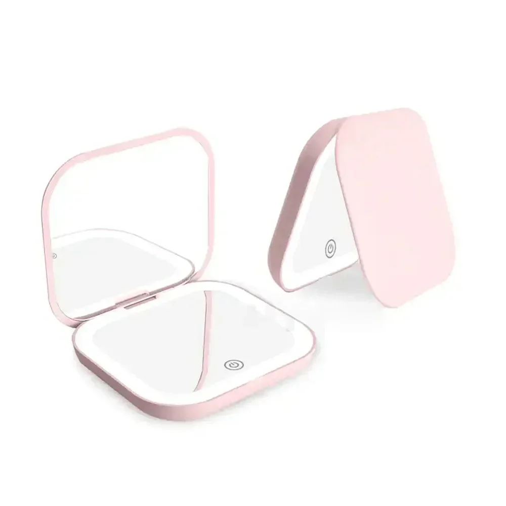 Compact Small Mini Gift Vanity Table Folding Led Lights Portable Hand Held Pocket Makeup Mirror 2X magnifying